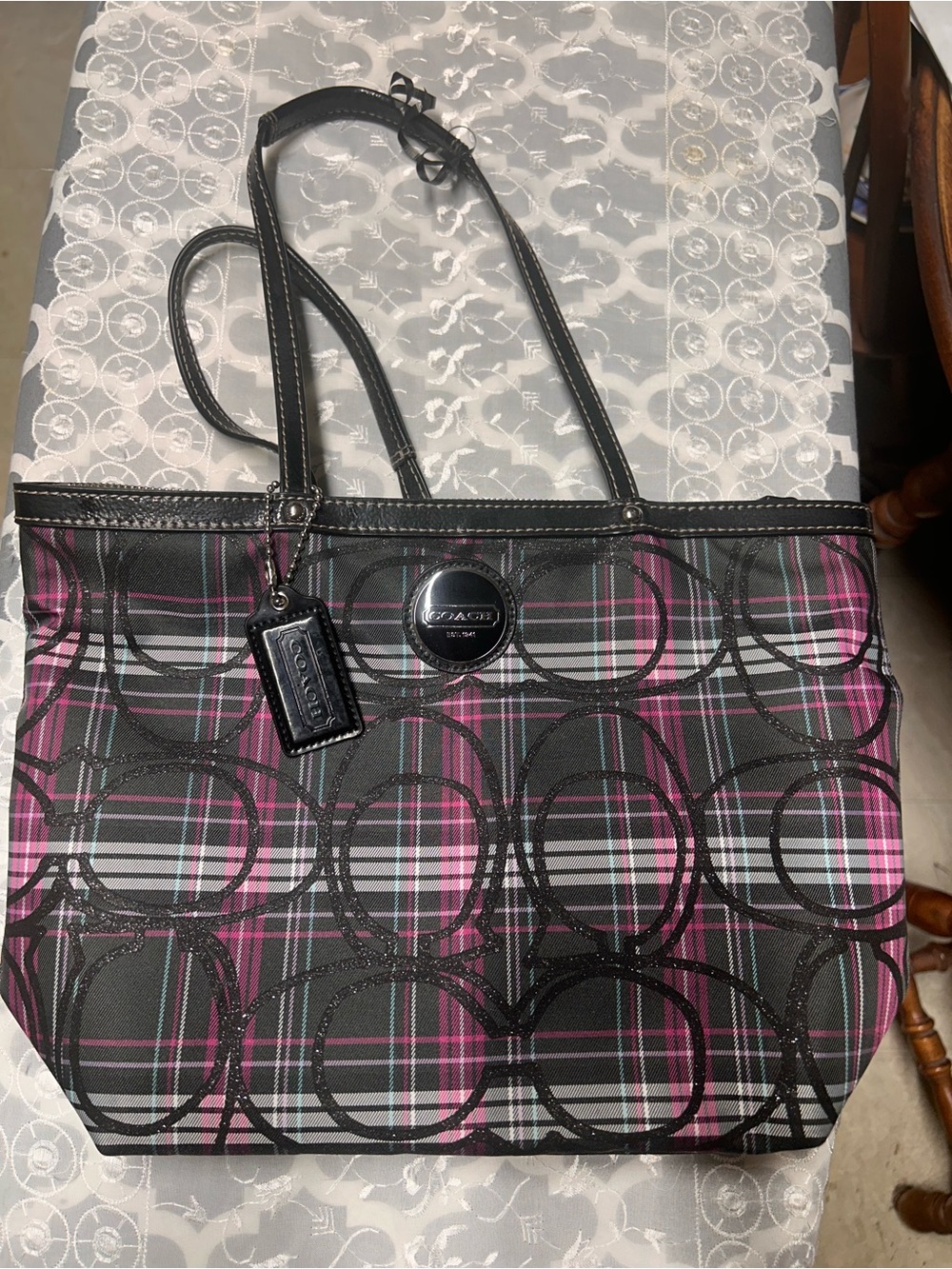 Coach Black and Glitter Pink Plaid Signature Tote